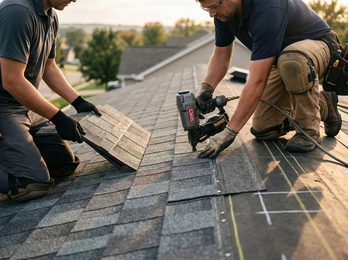 Professional roofer working on a residential roof in Loomis